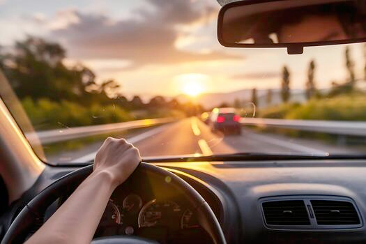 a secure car driving on a road at sunset